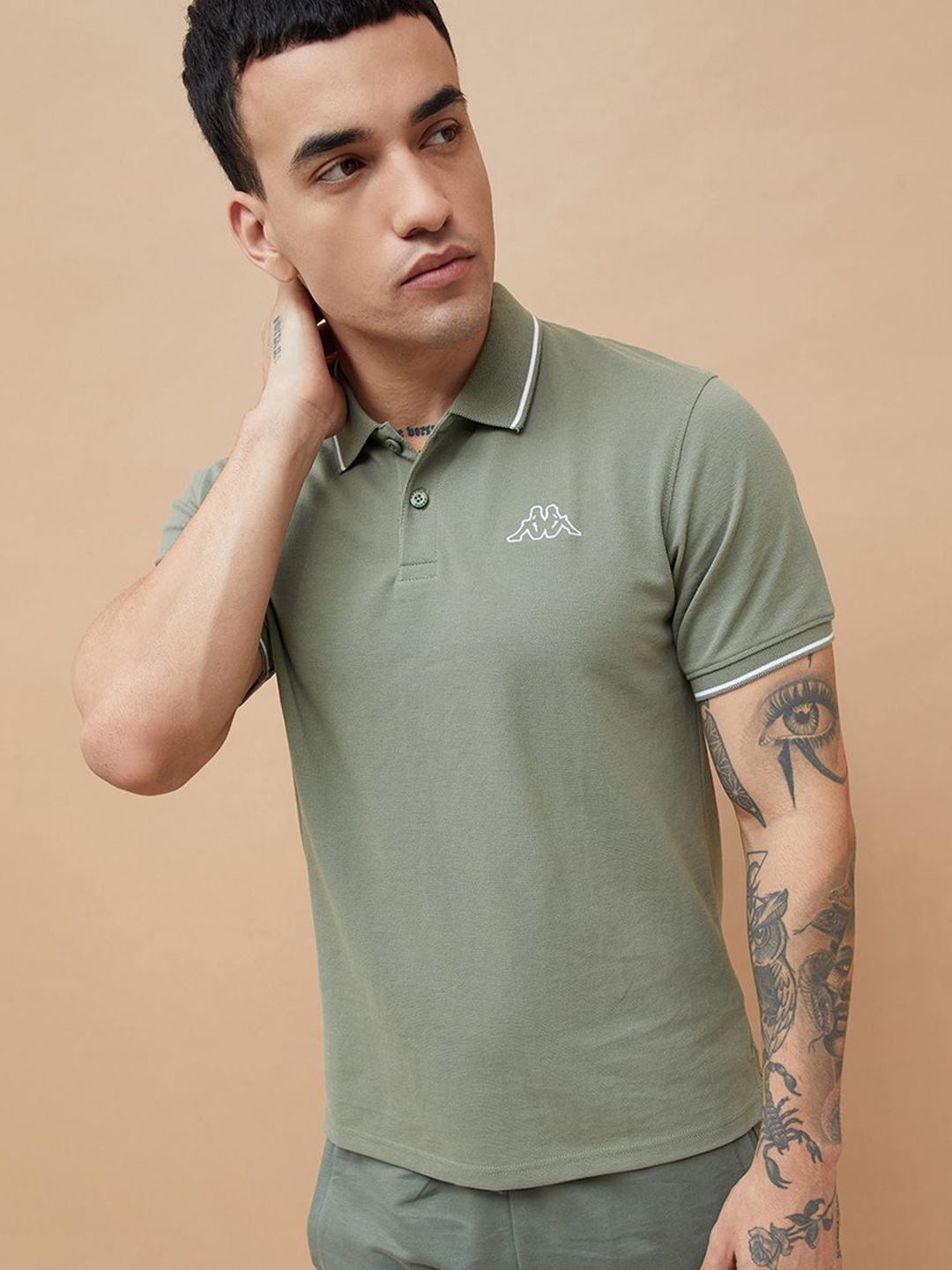 

Kappa Men Solid Polo Collar Cotton T-shirt, Olive
