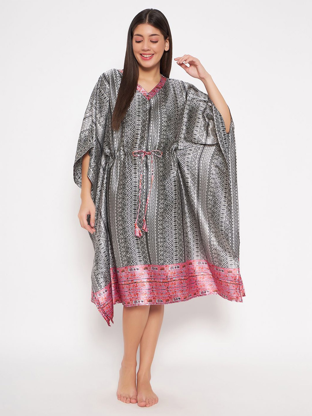 

Clovia Women Grey Satin V Neck Printed Short Kaftan Nightdress