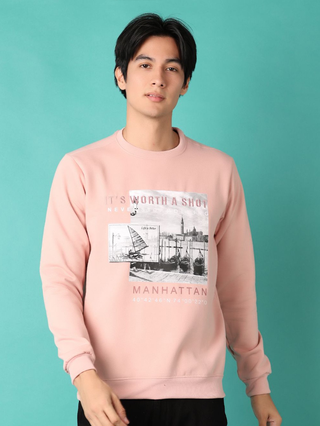 

V-Mart Men Printed Round Neck Pullover Sweatshirt, Peach