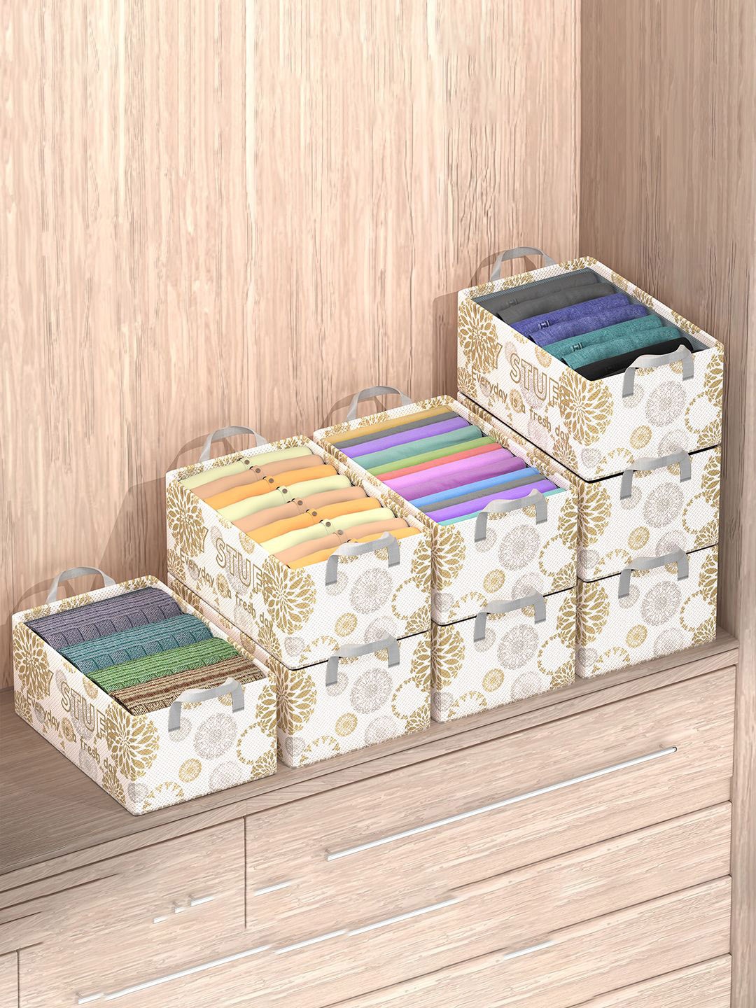 

Kuber Industries White 8 Pieces Printed Foldable Drawer Organisers