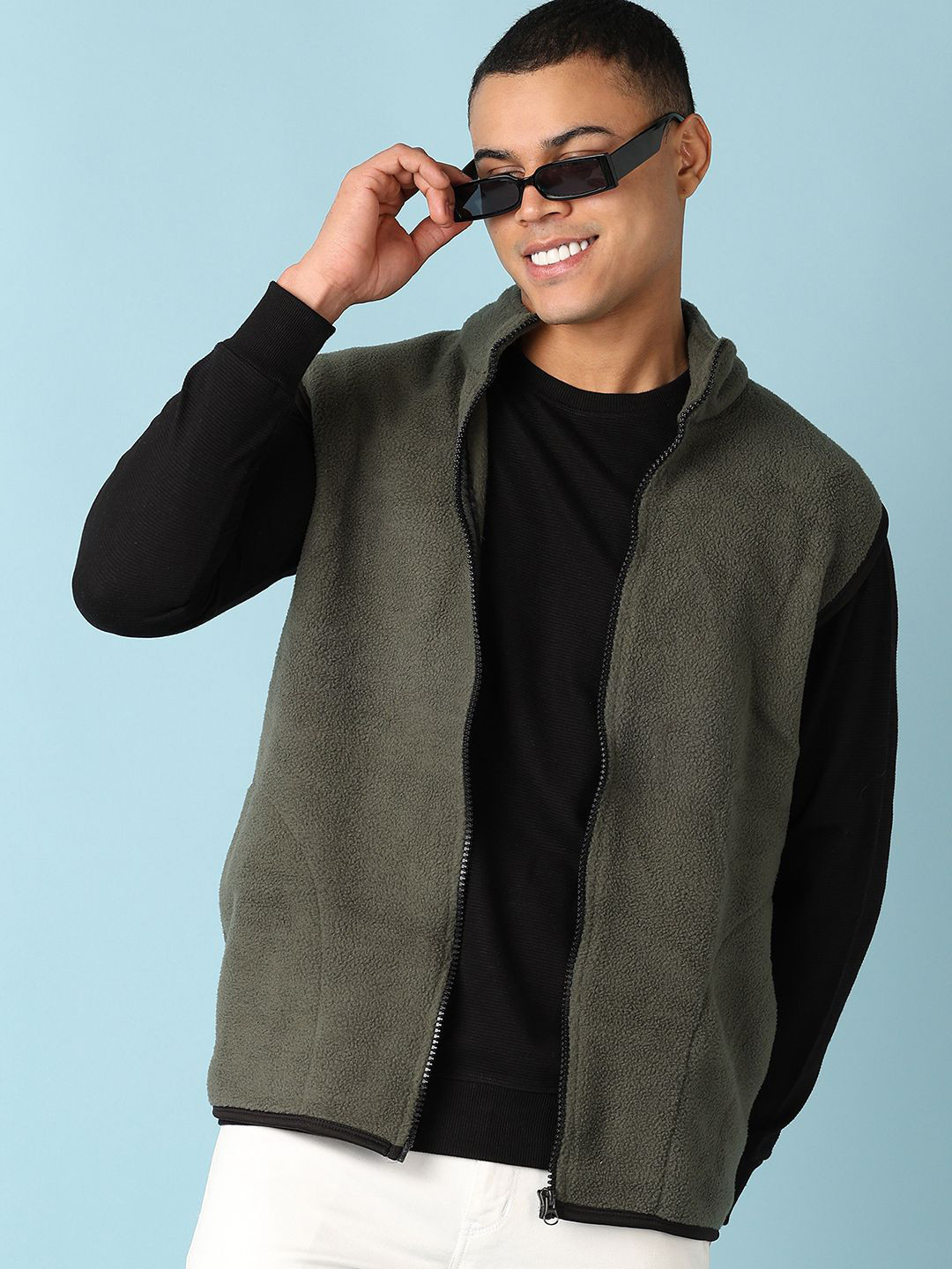 

V-Mart Men Sleeveless Front-Open Sweatshirt, Olive