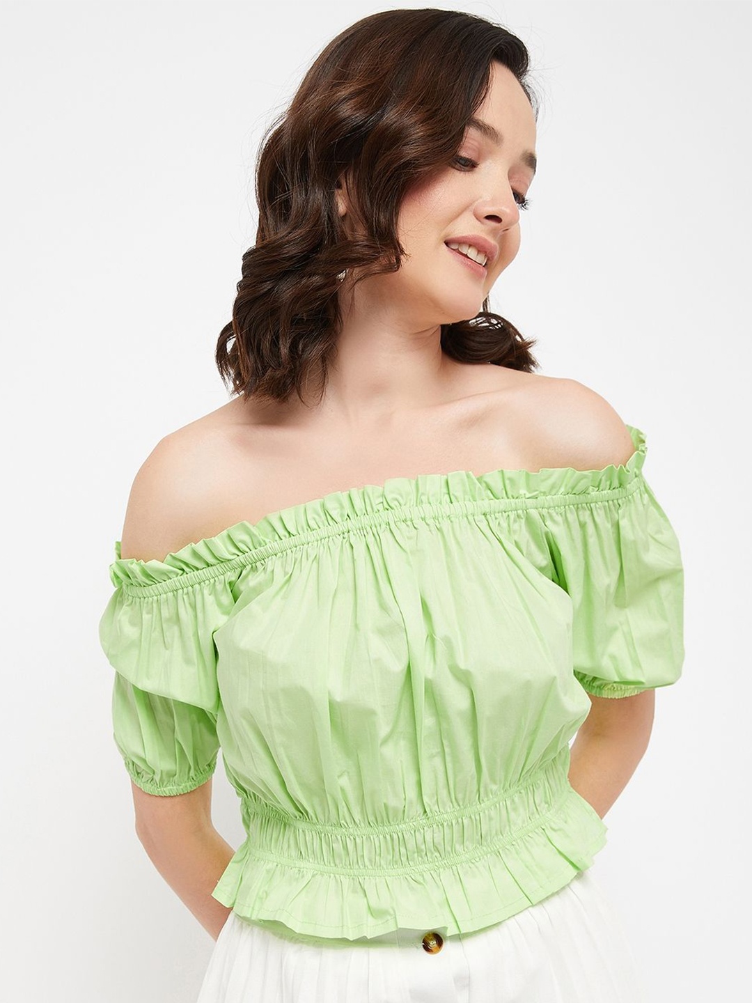

Madame Women Off-Shoulder Puff Sleeve Solid Bardot Top, Green