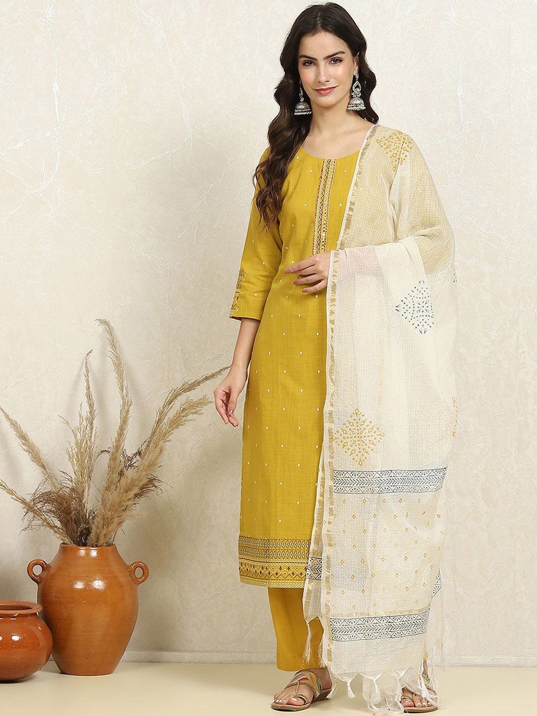 

Biba Ethnic Motifs Embroidered Mirror Work Pure Cotton Unstitched Dress Material, Yellow