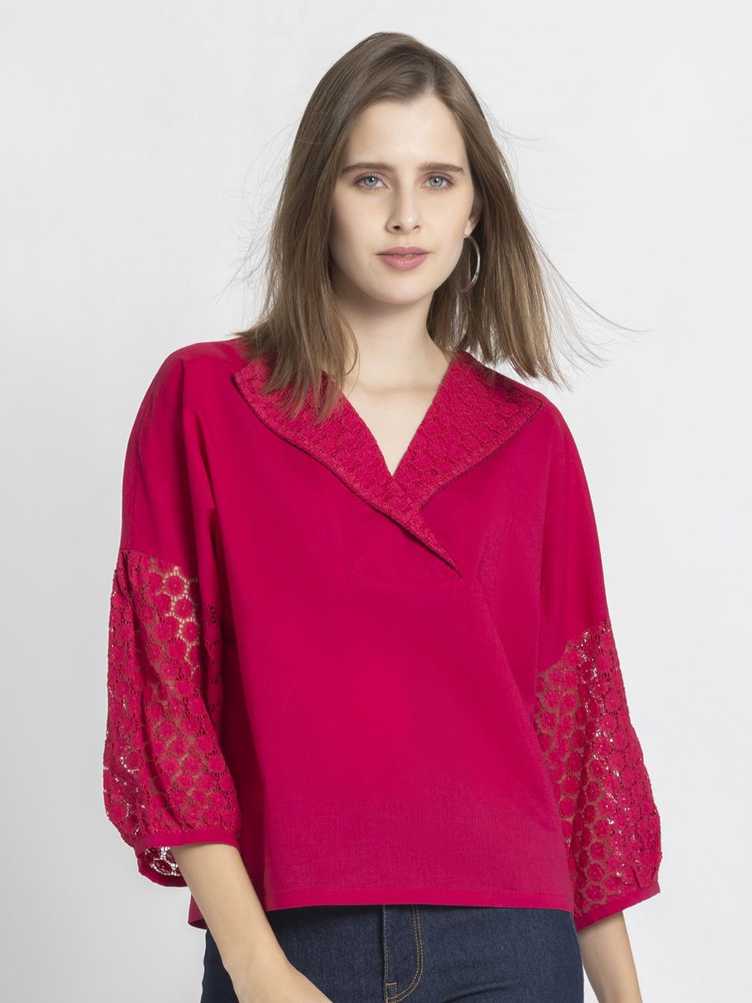 

SHAYE Women V-Neck Three-Quarter Sleeves Casual Satin Top, Pink