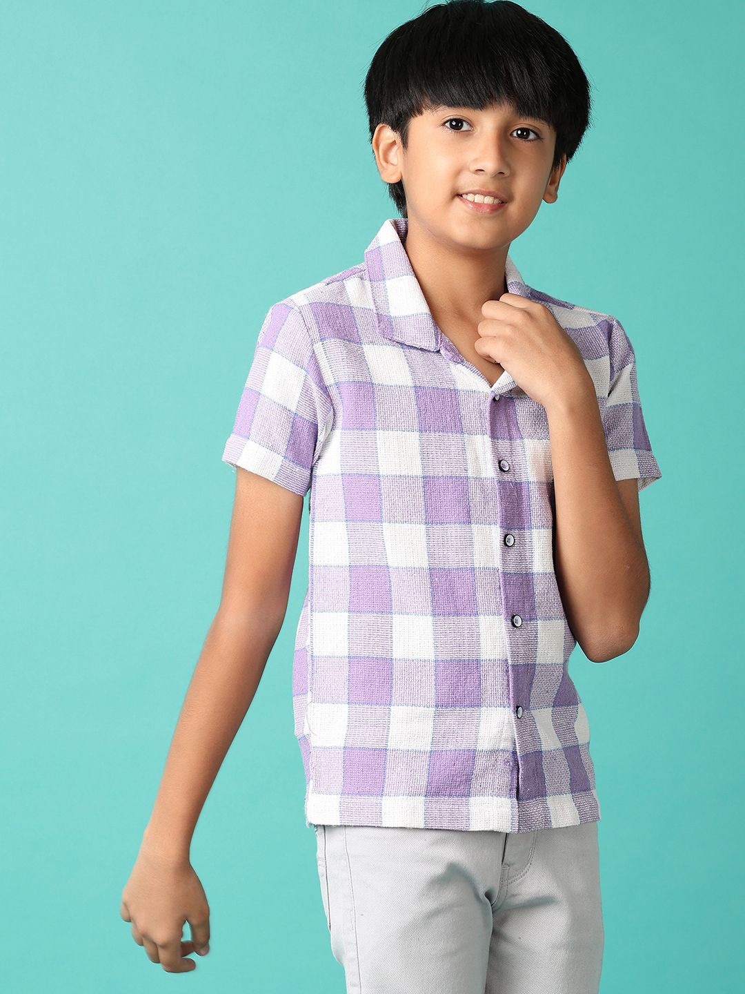 

V-Mart Boys Spread Collar Gingham Checked Cotton Casual Shirt, White