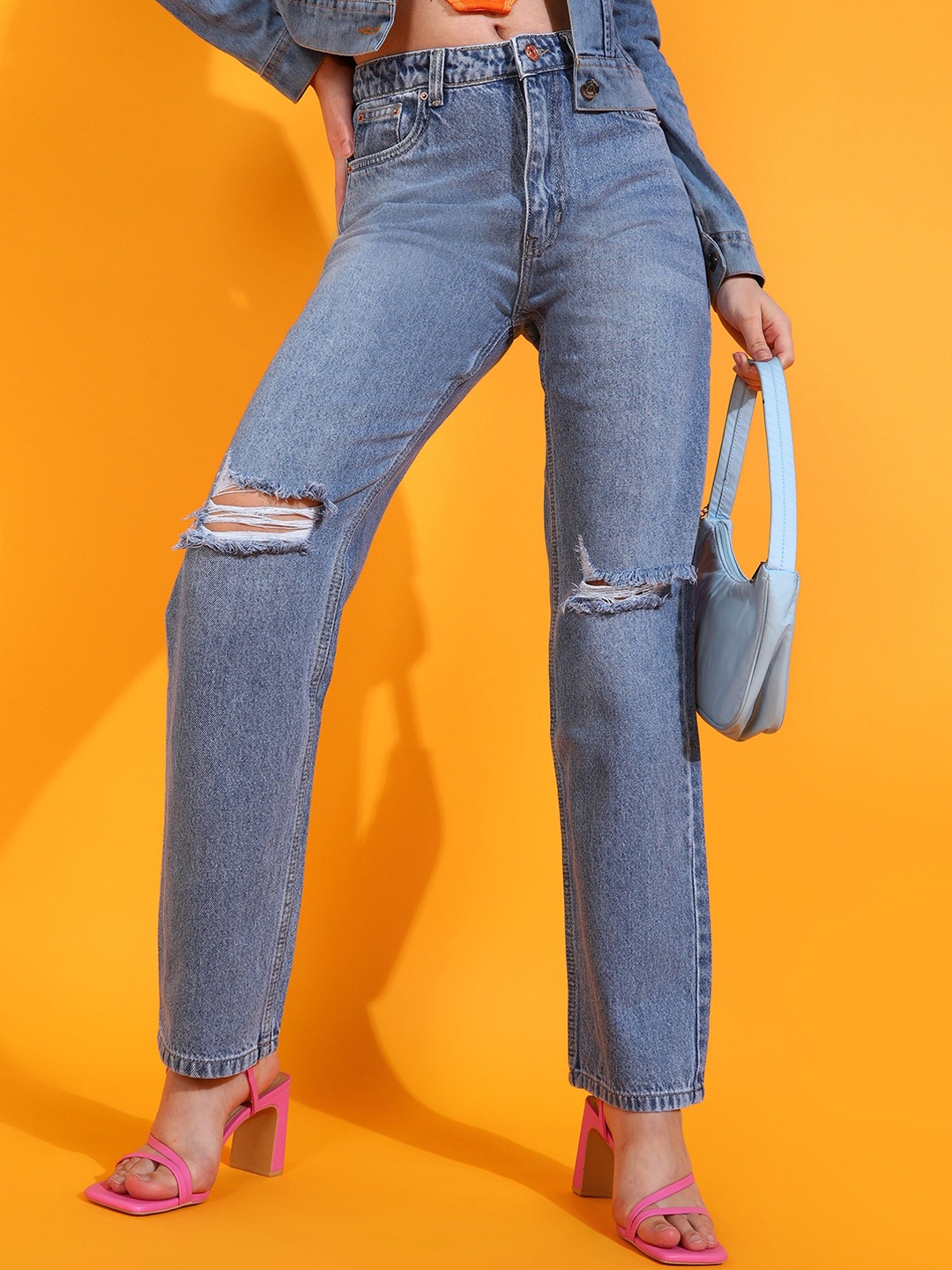 

SHECZZAR Women Slim Fit Highly Distressed Light Fade Cotton Jeans, Blue