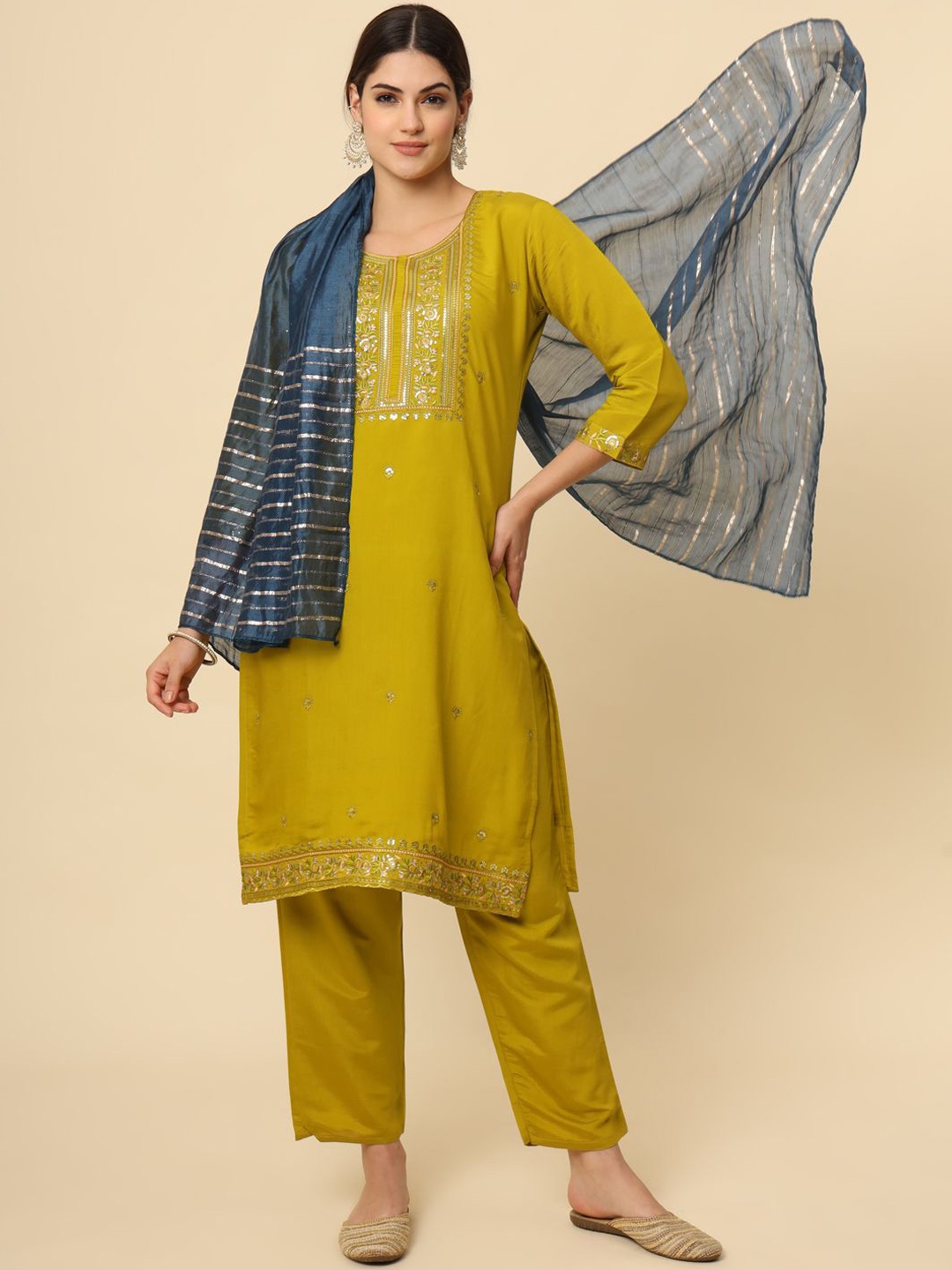 

HERE&NOW Mustard Yellow Floral Embroidered Straight Kurta With Palazzos & Dupatta