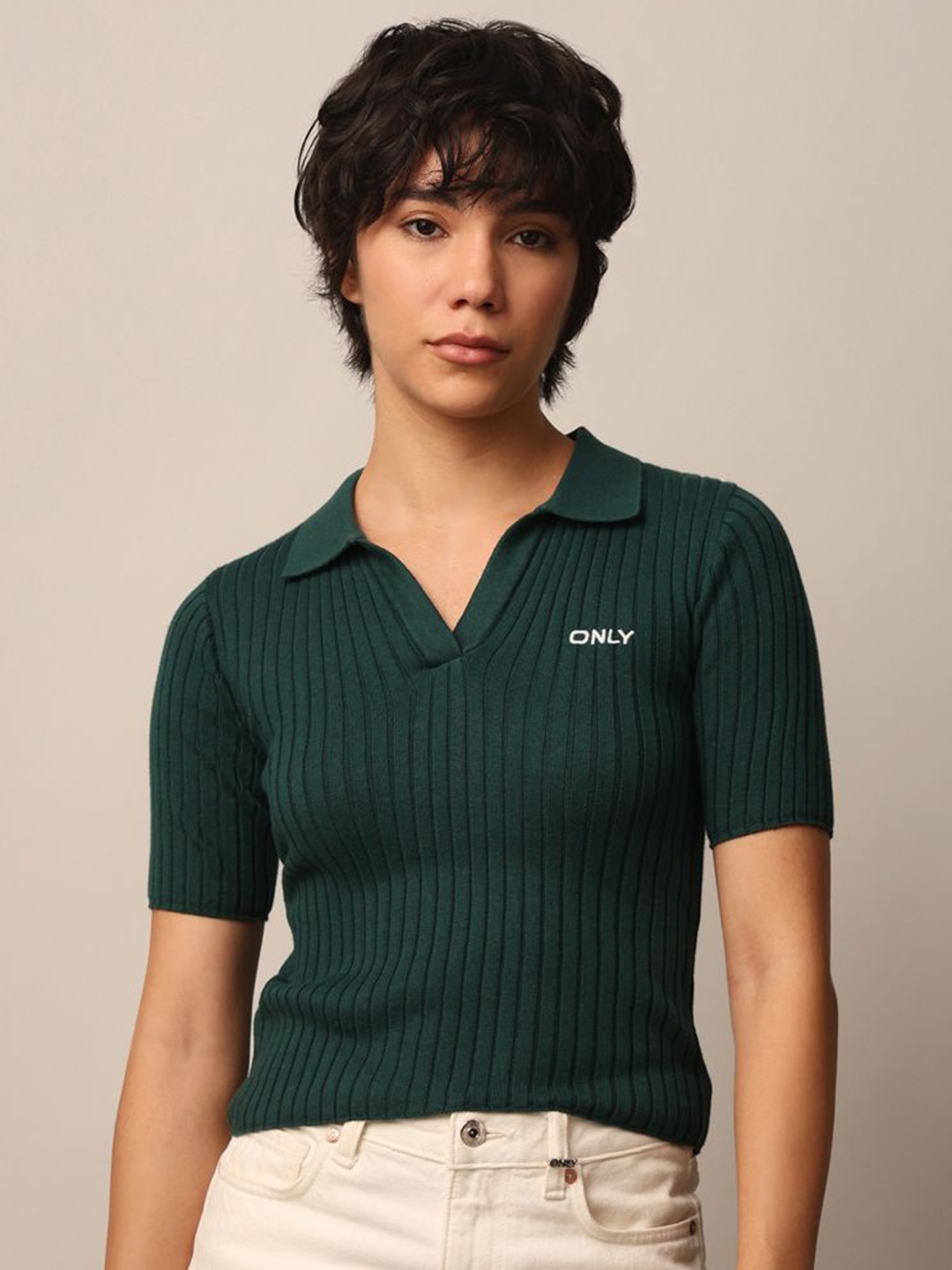 

ONLY Women Striped Polo Collar Cotton T-shirt, Green