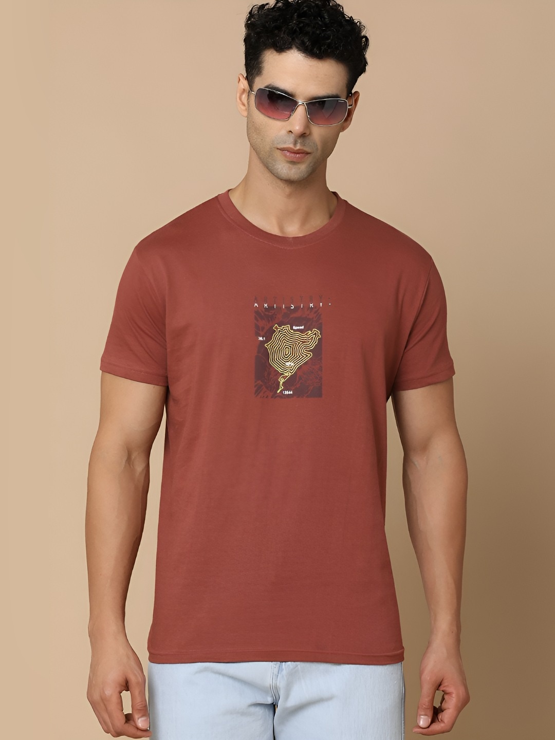 

V-Mart Men Graphic Printed Round Neck Cotton T-shirt, Rust