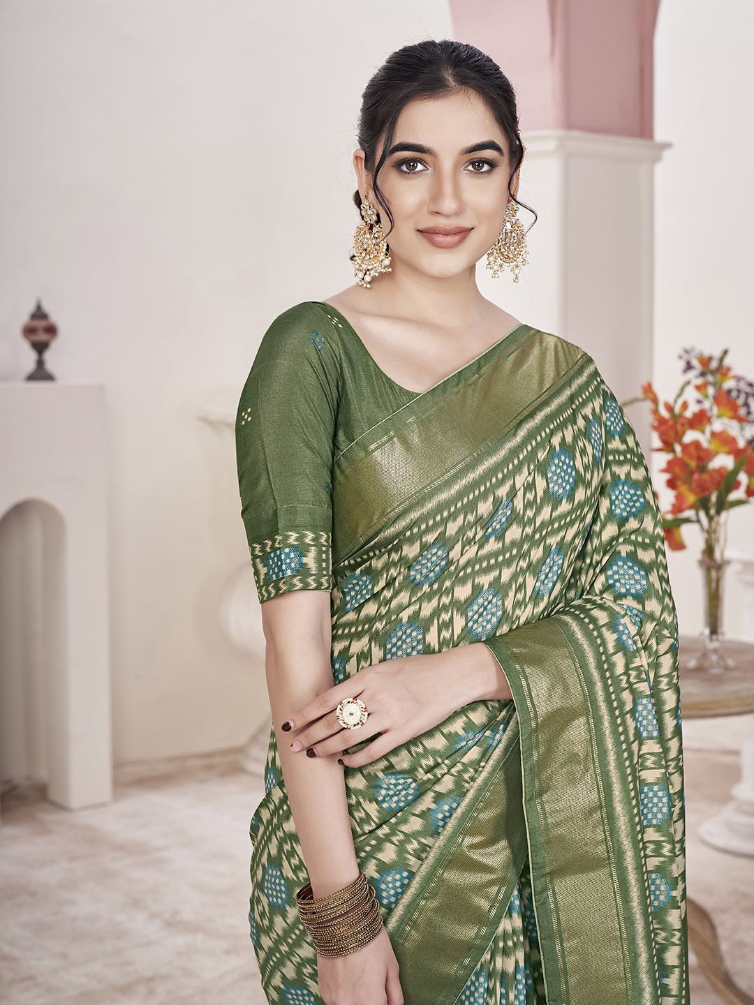 

Ethnielle Zari Pure Silk Block Print Saree, Olive