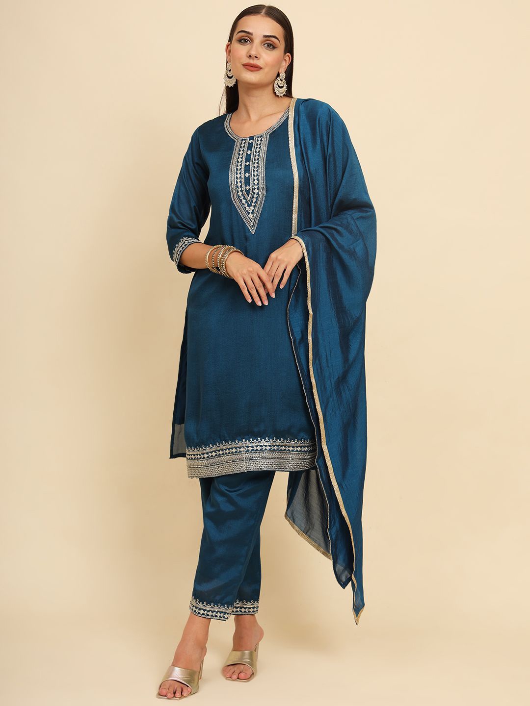 

HERE&NOW Teal Green Floral Embroidered Straight Kurta with Palazzos & Dupatta
