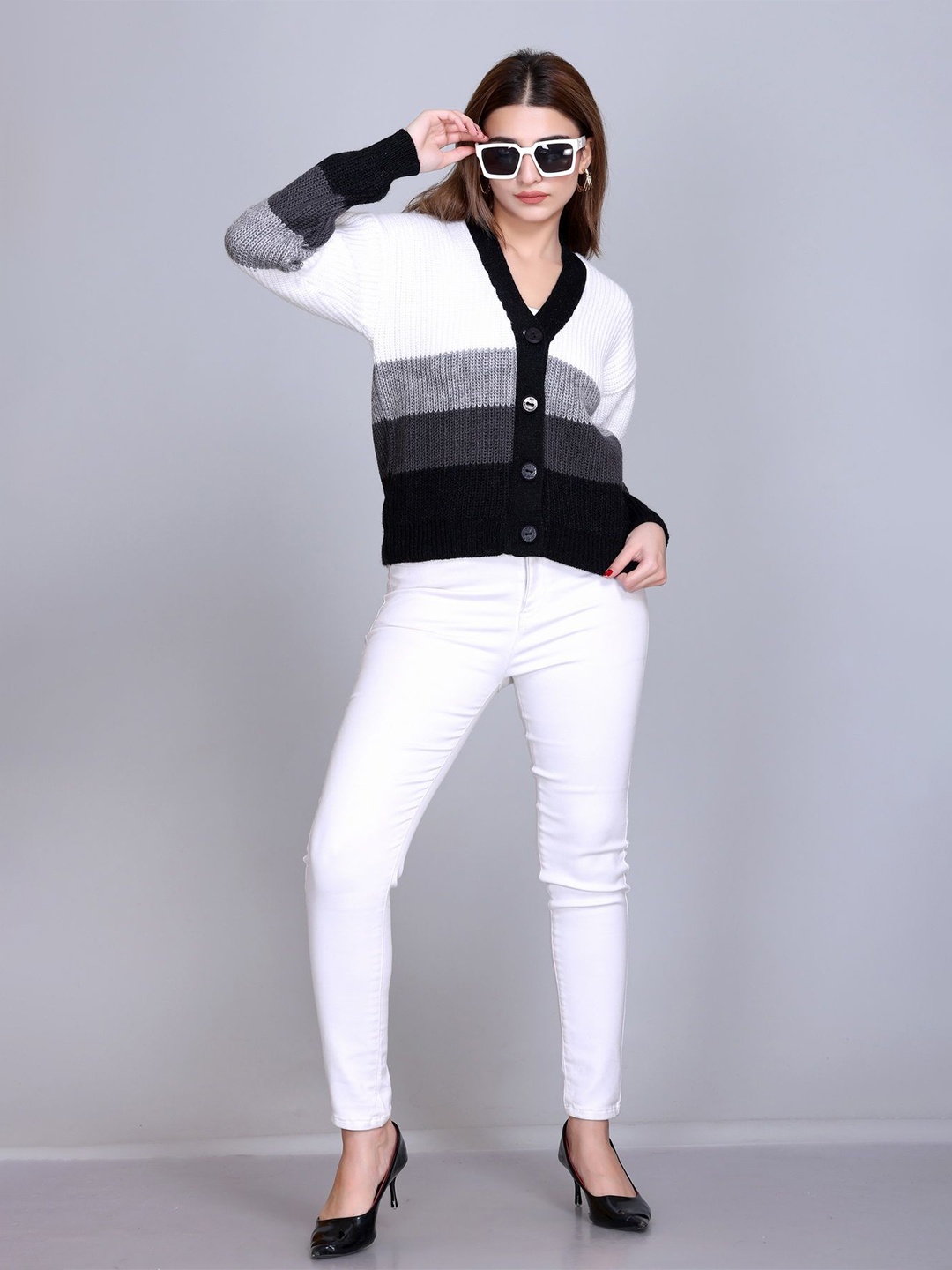 

Winter Wonders Women Self Design Striped Woollen Cardigan, Black