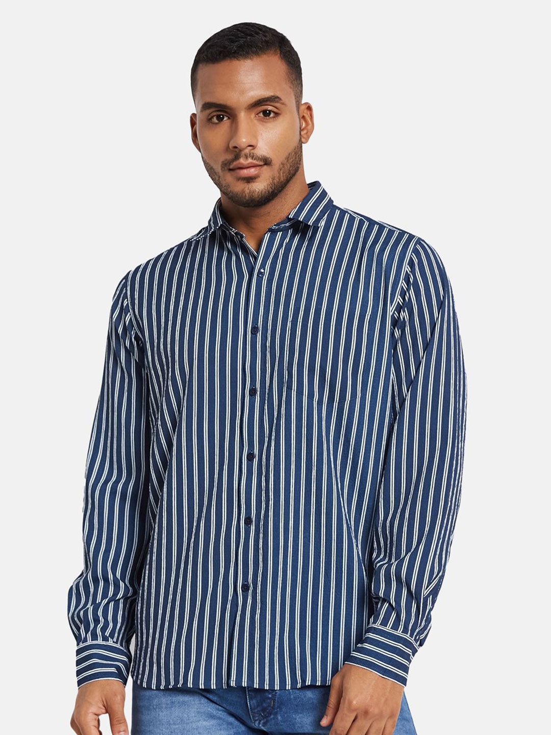 

METTLE Men Spread Collar Vertical Striped Cotton Casual Shirt, Navy blue