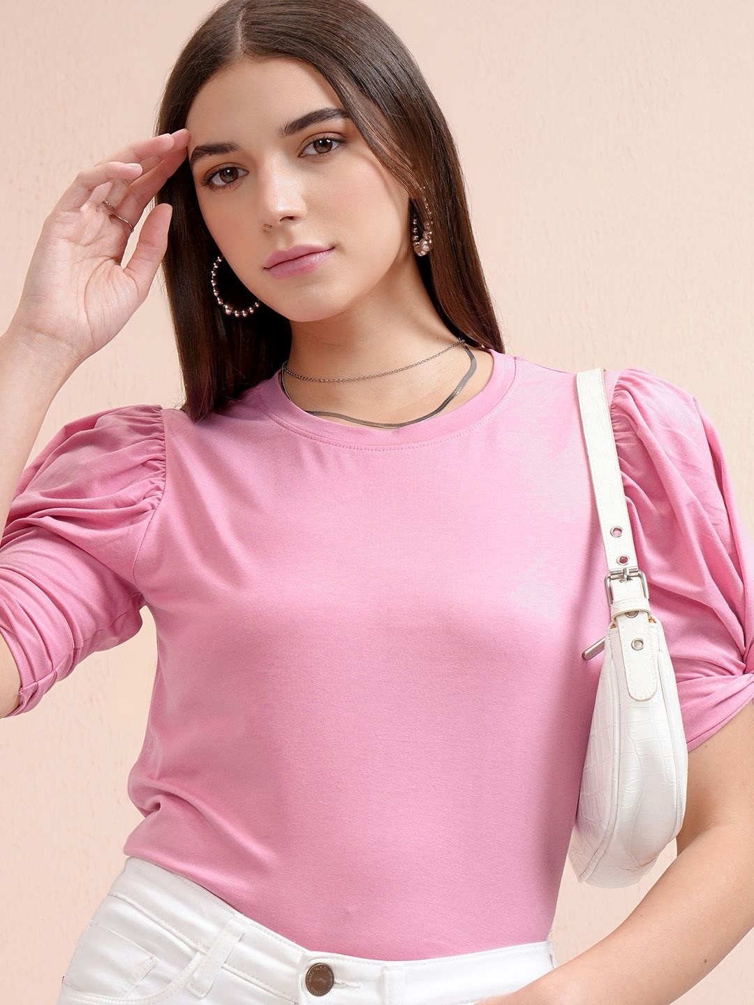

Tokyo Talkies Women Puff Sleeves T-shirt, Pink