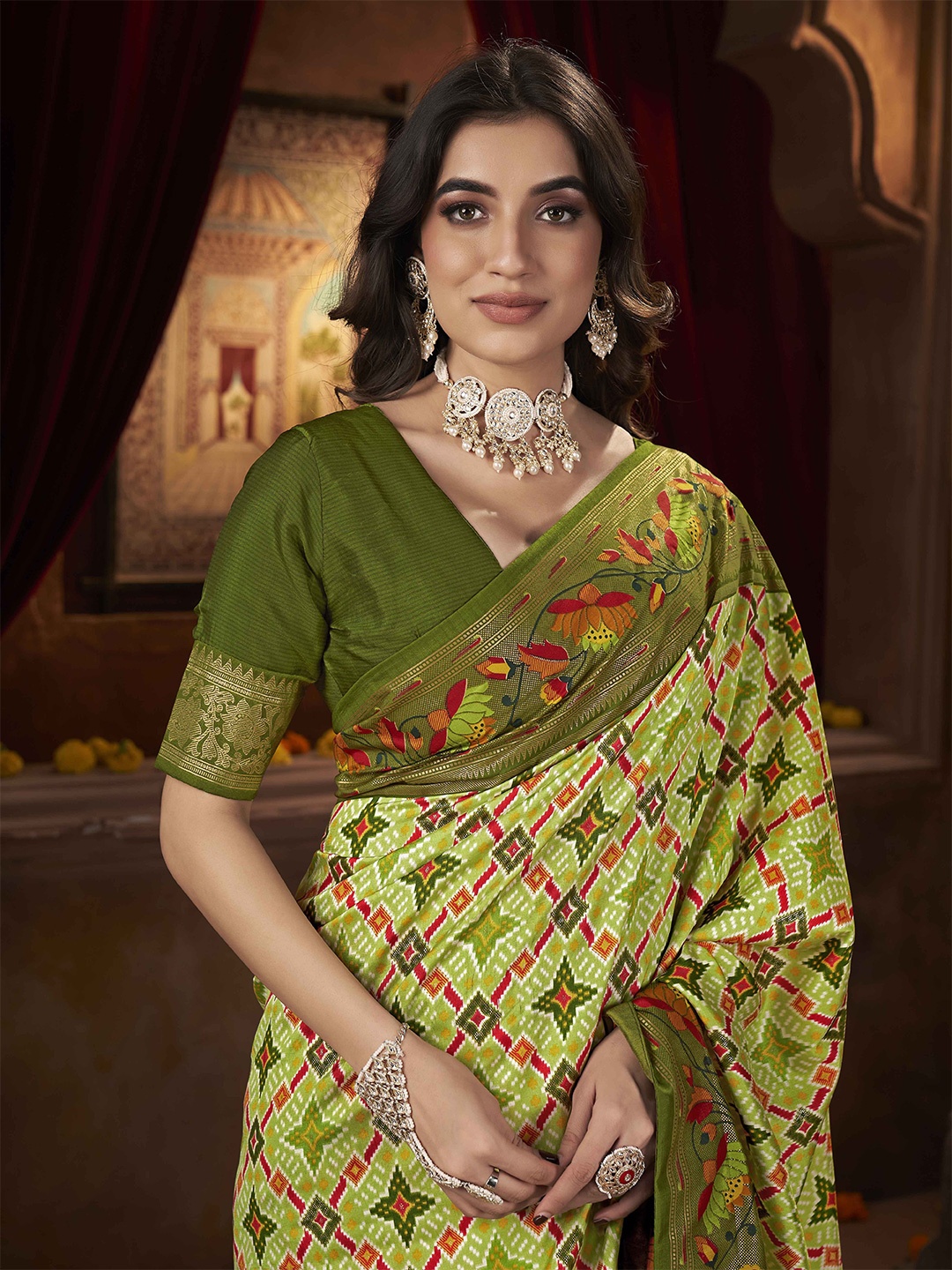 

Ethnielle Floral Printed Pure Silk Block Print Saree, Olive