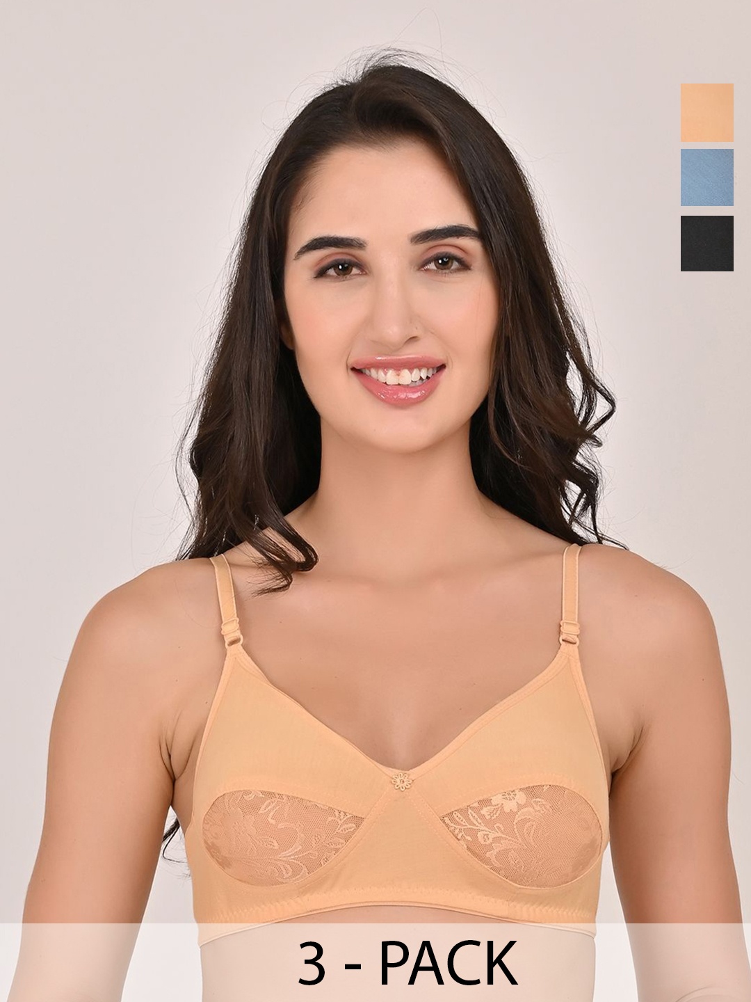 

Piylu Women Pack of 3 Cotton Non Padded Medium Coverage T-shirt Bra, Black