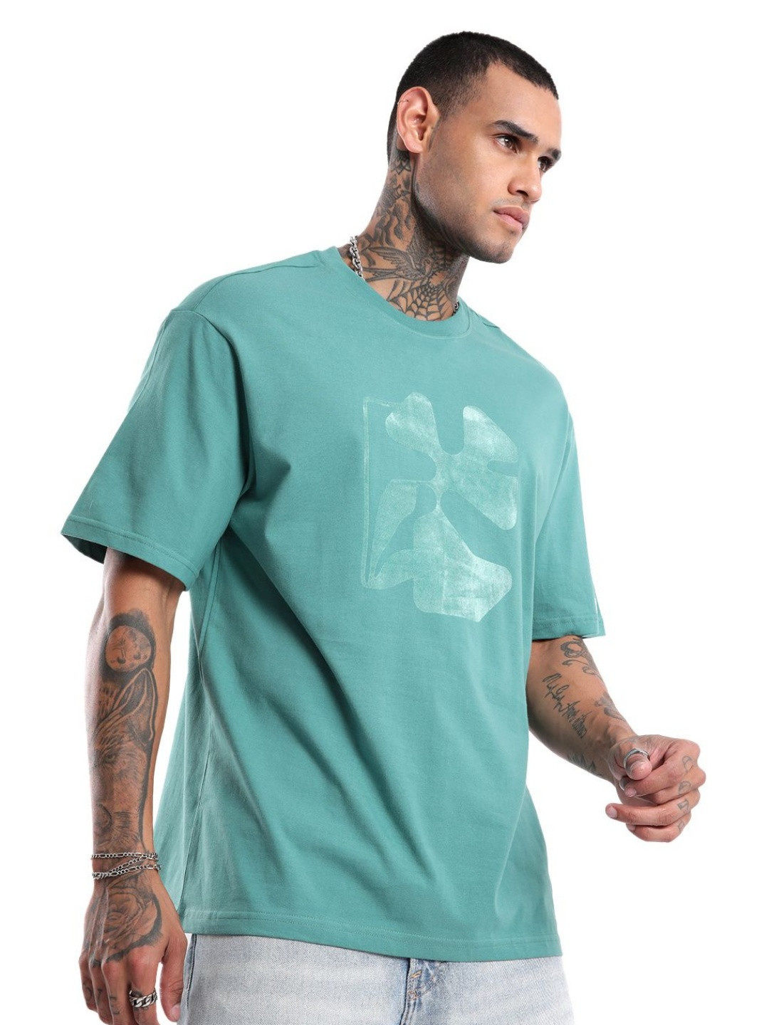 

WROGN Men Abstract Printed Round Neck Cotton Oversized T-shirt, Teal
