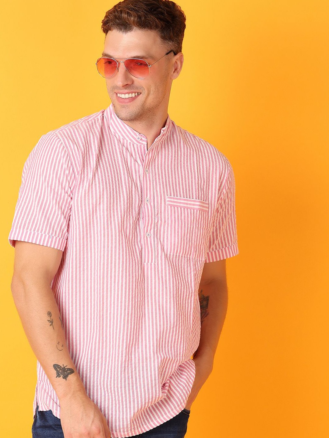 

V-Mart Men Band Collar Vertical Striped Cotton Casual Shirt, Pink