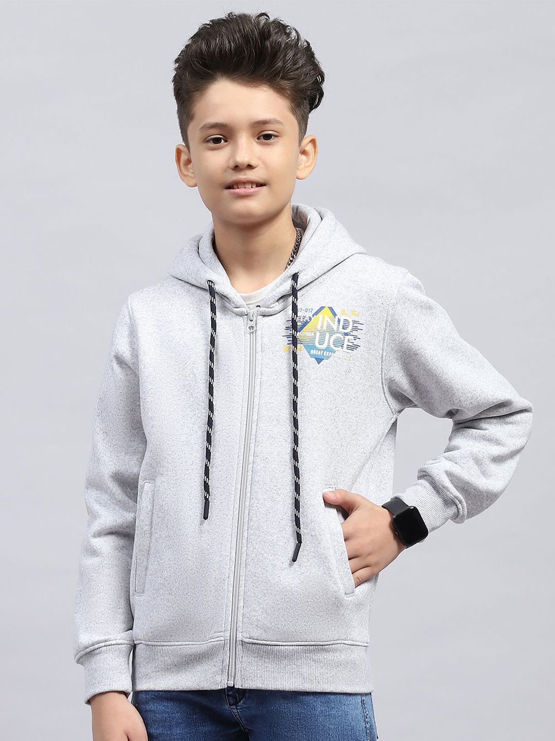 

Monte Carlo Boys Printed Hooded Neck Full Sleeve Cotton Sweatshirt, Grey