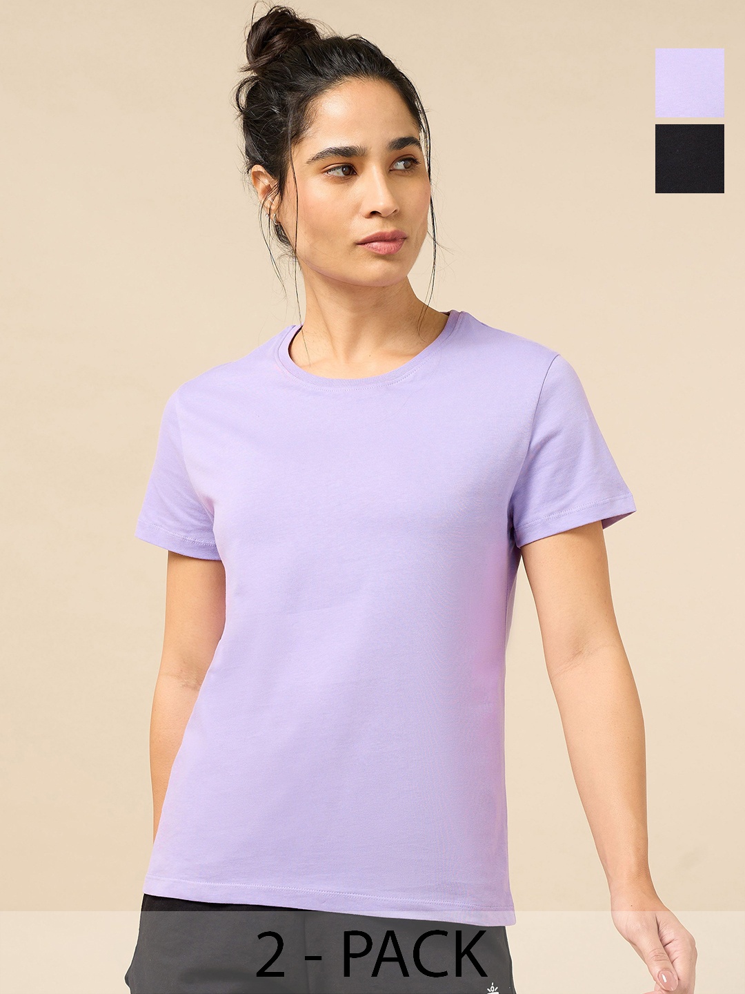 

CULT Women Pack Of 2 Bio Finish Solid Round Neck Cotton T-shirts, Lavender
