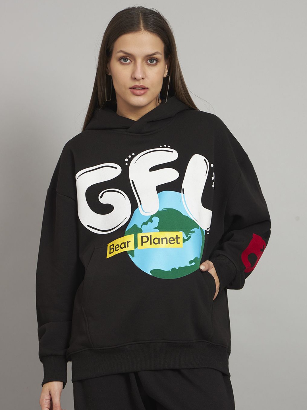 

GRIFFEL Women Printed Hooded Pullover Sweatshirt, Black