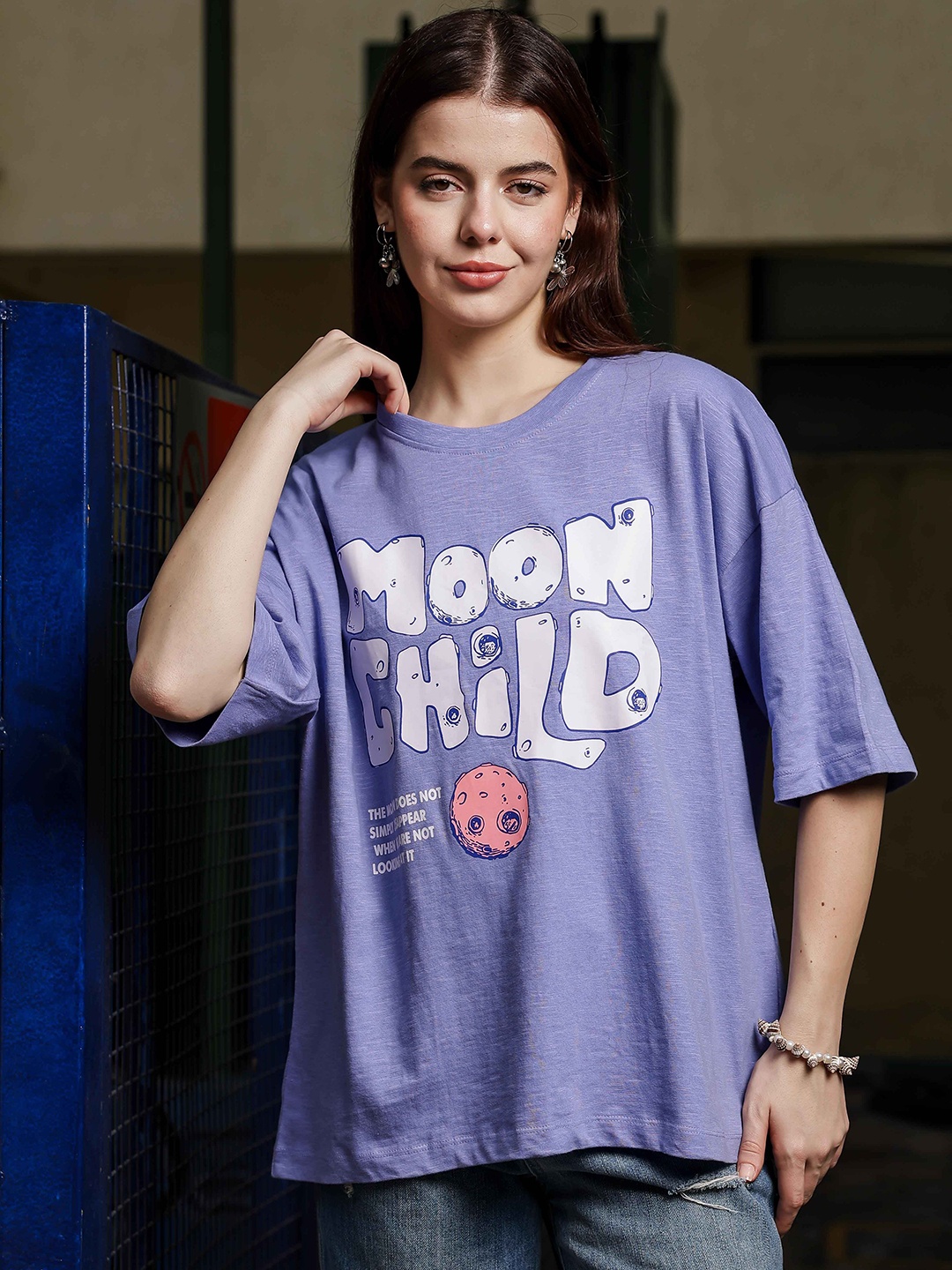 

HEYLAY Women Typography Printed Round Neck Pure Cotton Oversized T-shirt, Blue