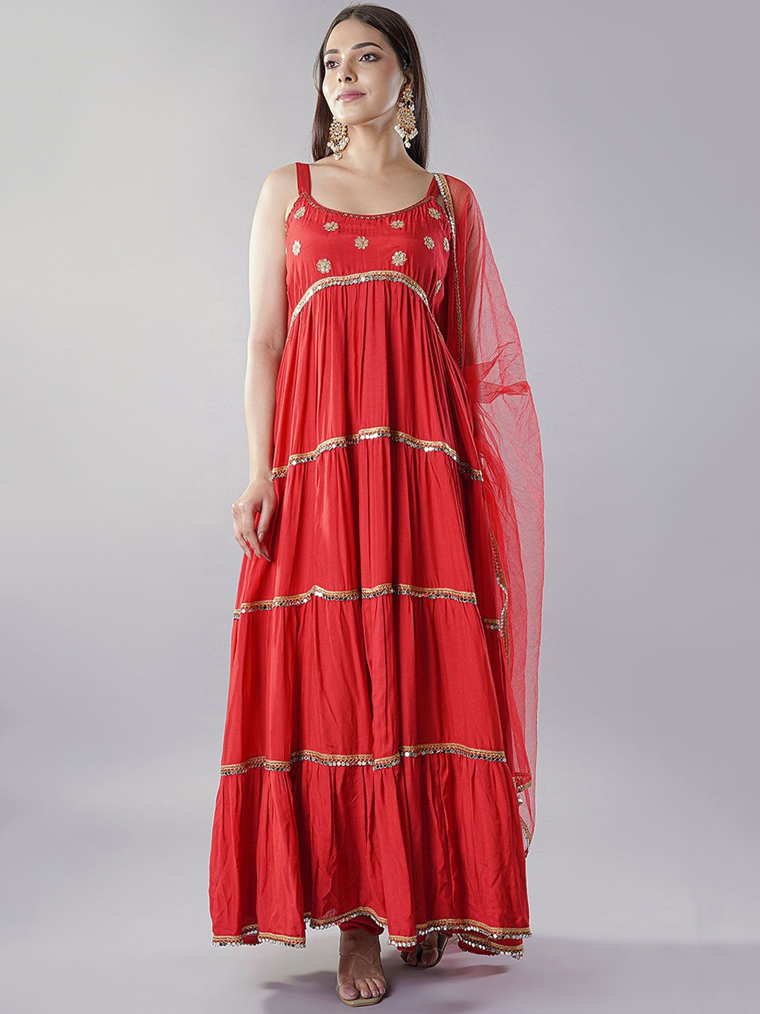 

Utsav Fashion Floral Embroidered Pleated Mirror Work Anarkali Kurta & Churidar & Dupatta, Red