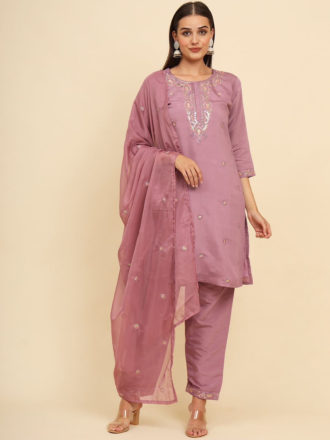 

HERE&NOW Mauve Floral Embroidered Straight Kurta With Palazzos & Dupatta