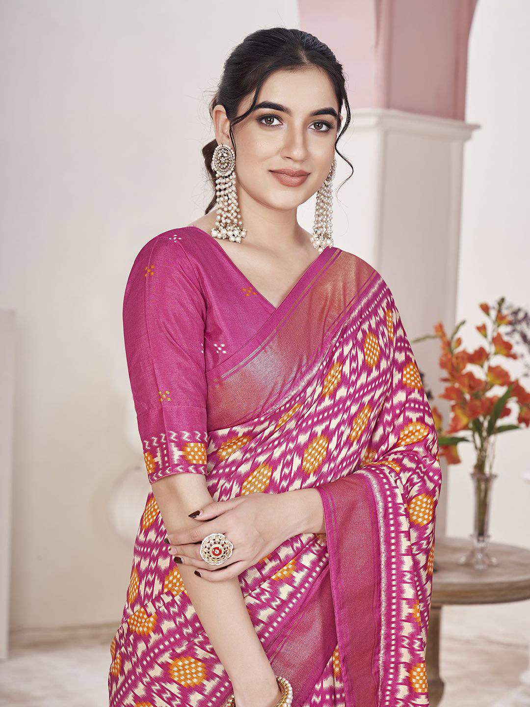 

Ethnielle Ethnic Motifs Printed Zari Pure Silk Block Print Saree, Pink