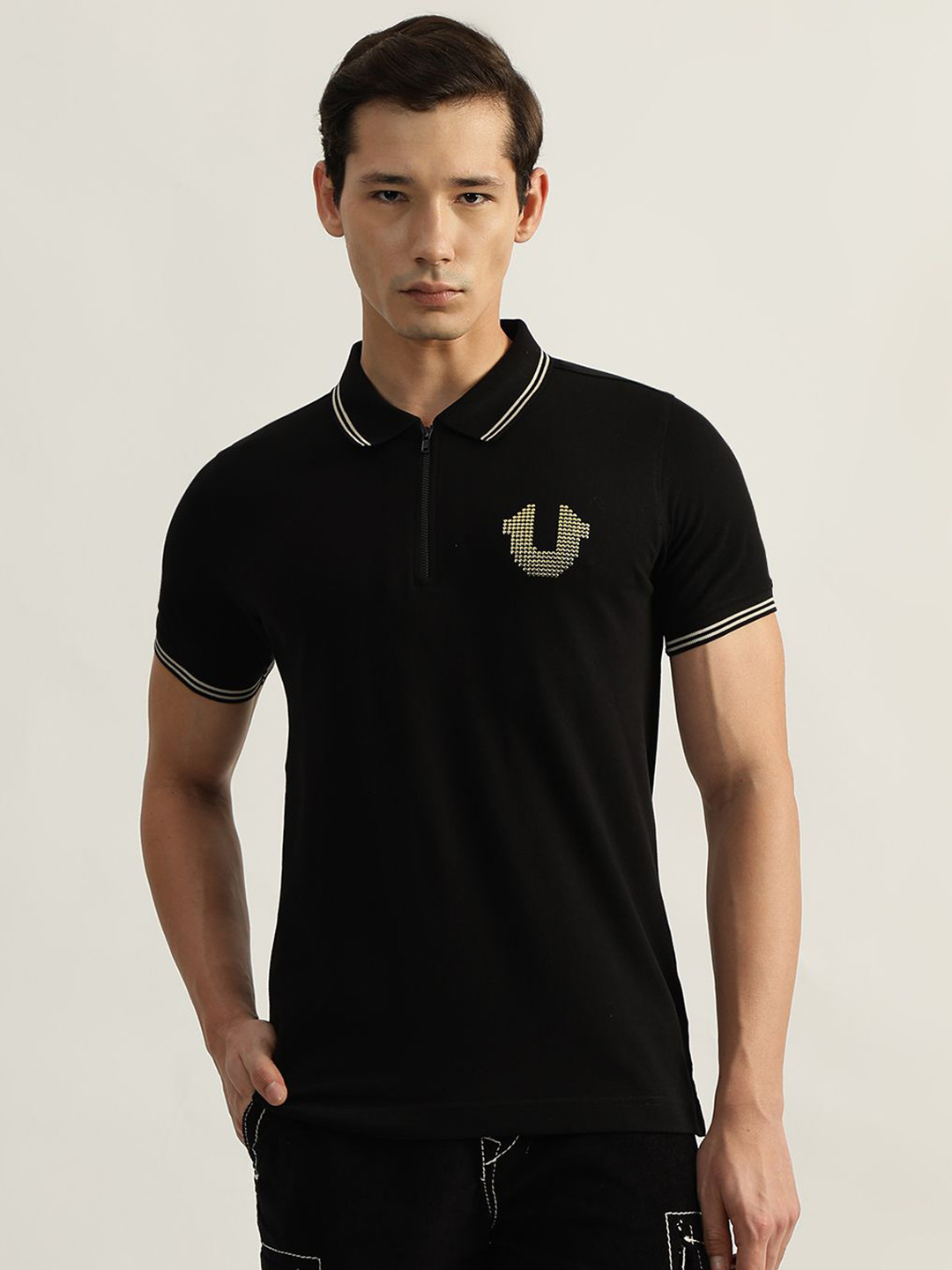 

True Religion Men Solid Polo Collar Cotton T-shirt, Black