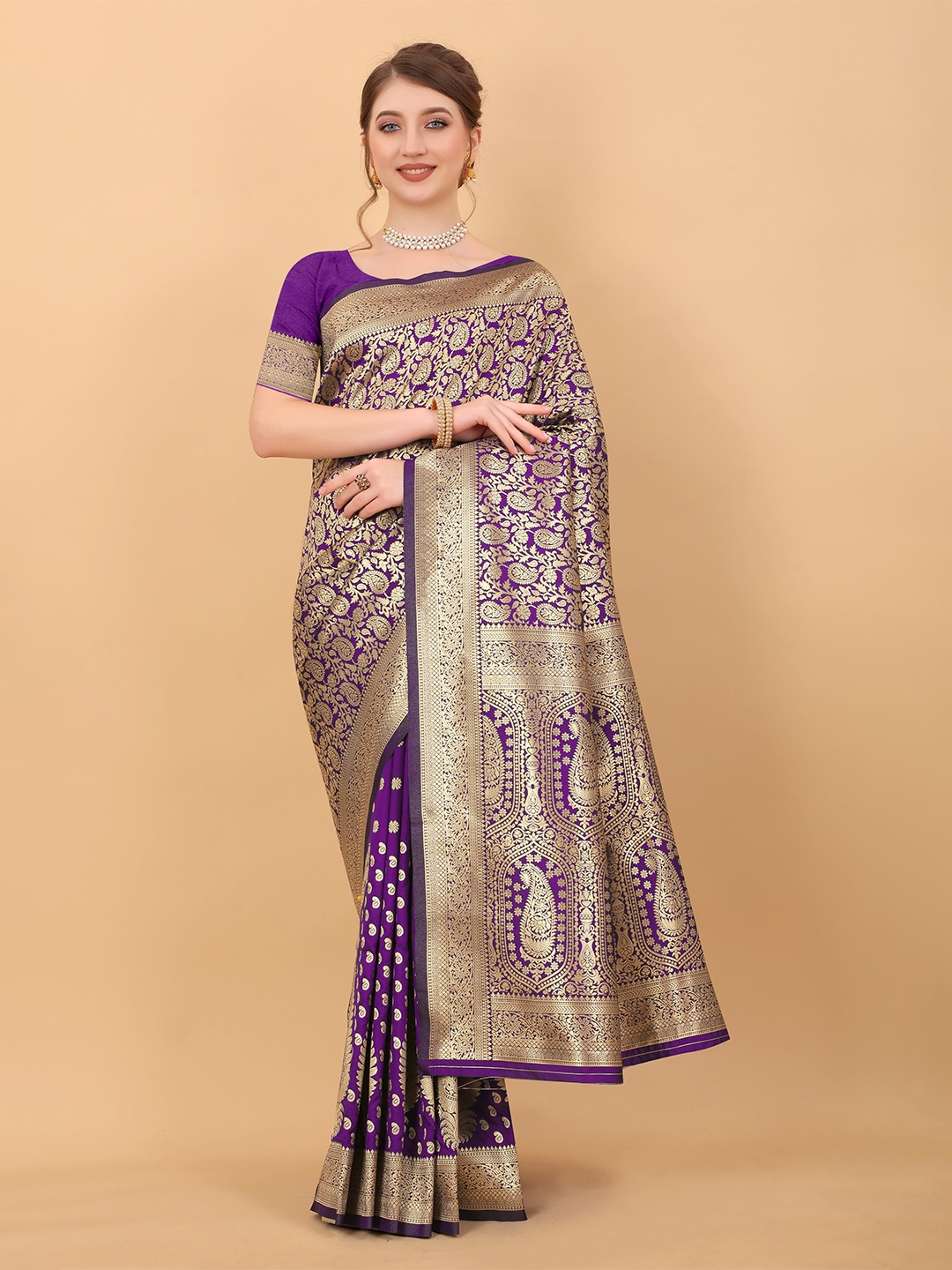 

NIWAA Woven Design Zari Pure Silk Kanjeevaram Saree, Purple