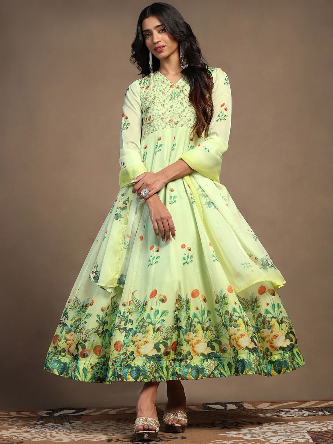 

BAESD Floral Printed Regular Sequinned Anarkali Kurta with Trousers & Dupatta, Green