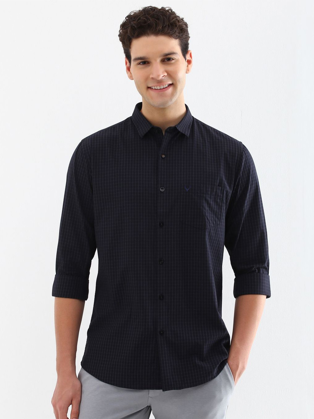 

Allen Solly Men Spread Collar Micro Checked Cotton Slim Fit Casual Shirt, Navy blue