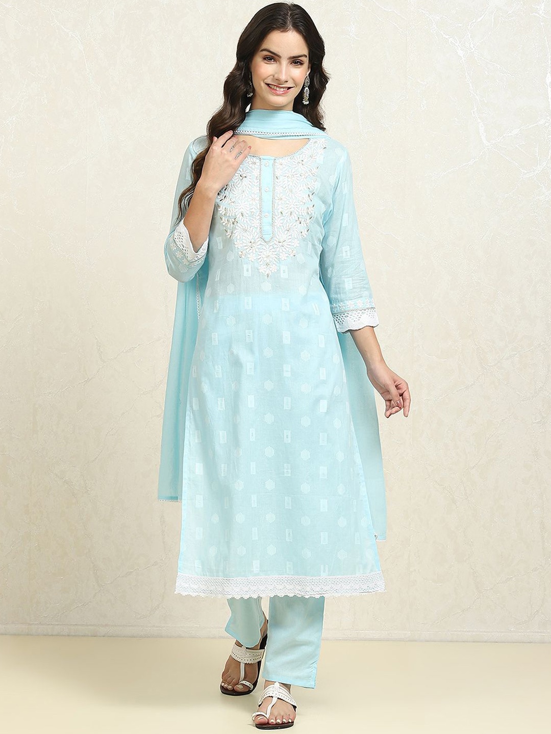 

Biba Floral Embroidered Pure Cotton Unstitched Dress Material, Blue