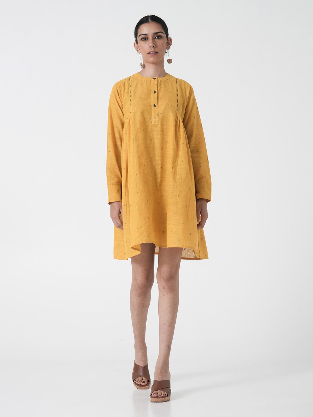 

the kaatn trail Women Long Sleeves Round Neck A-Line Dress, Mustard