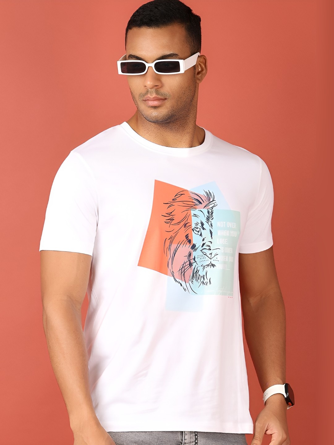 

V-Mart Men Graphic Printed Round Neck Cotton Slim Fit T-shirt, White
