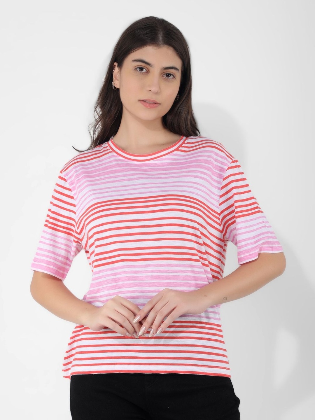 

Numero Uno Women Striped Round Neck Cotton T-shirt, Red