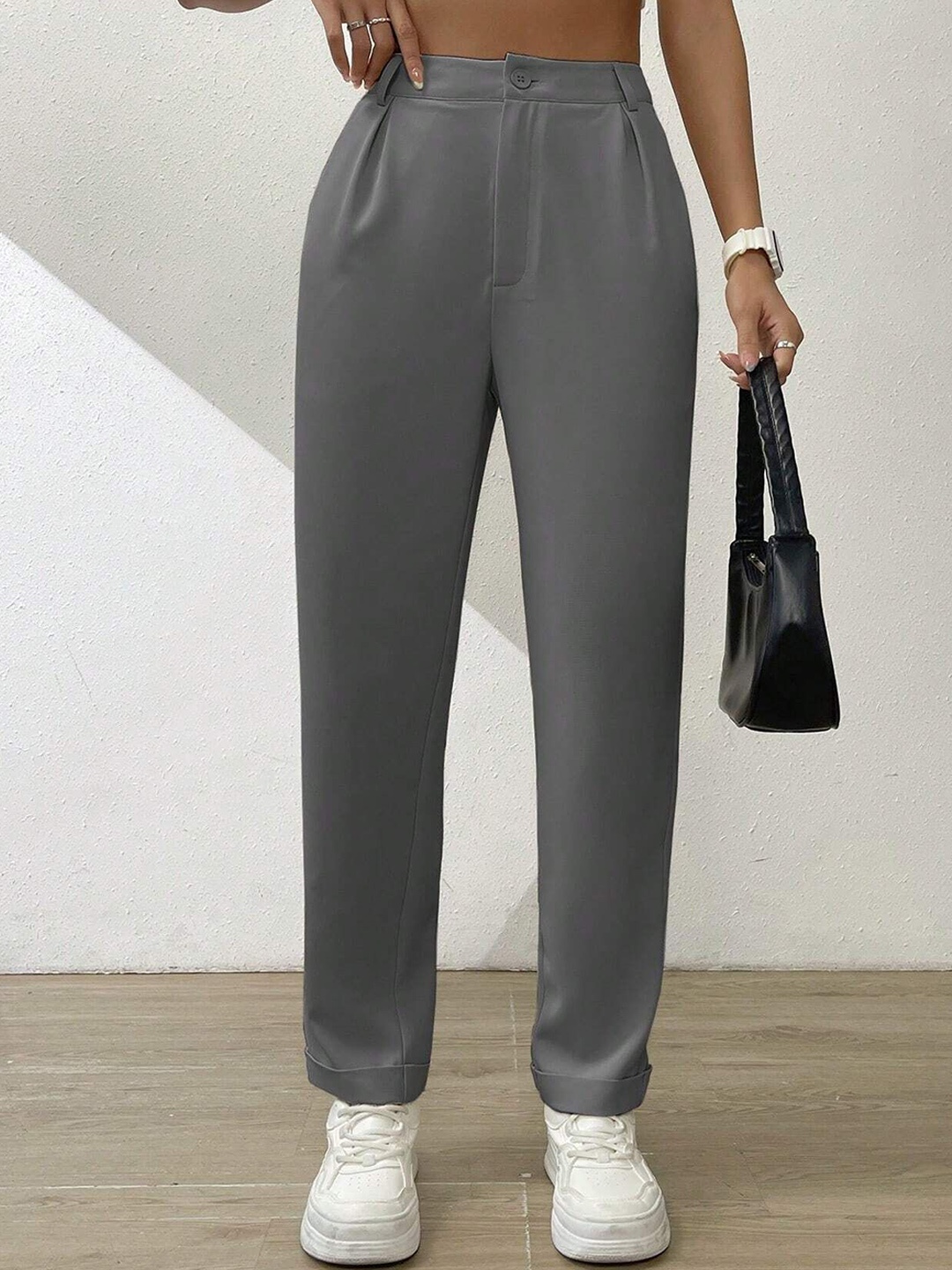 

FNOCKS Women Tailored Mom Fit High-Rise Wrinkle Free Trousers, Grey