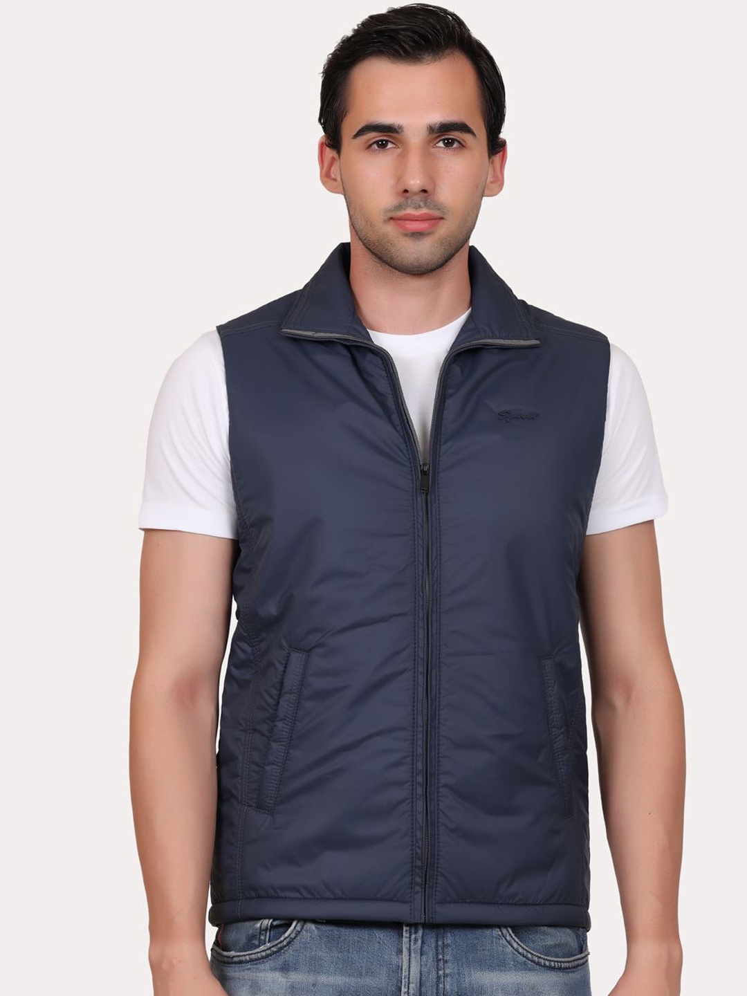 

Spirit Men Mock Collar Solid Casual Tailored Jacket, Navy blue