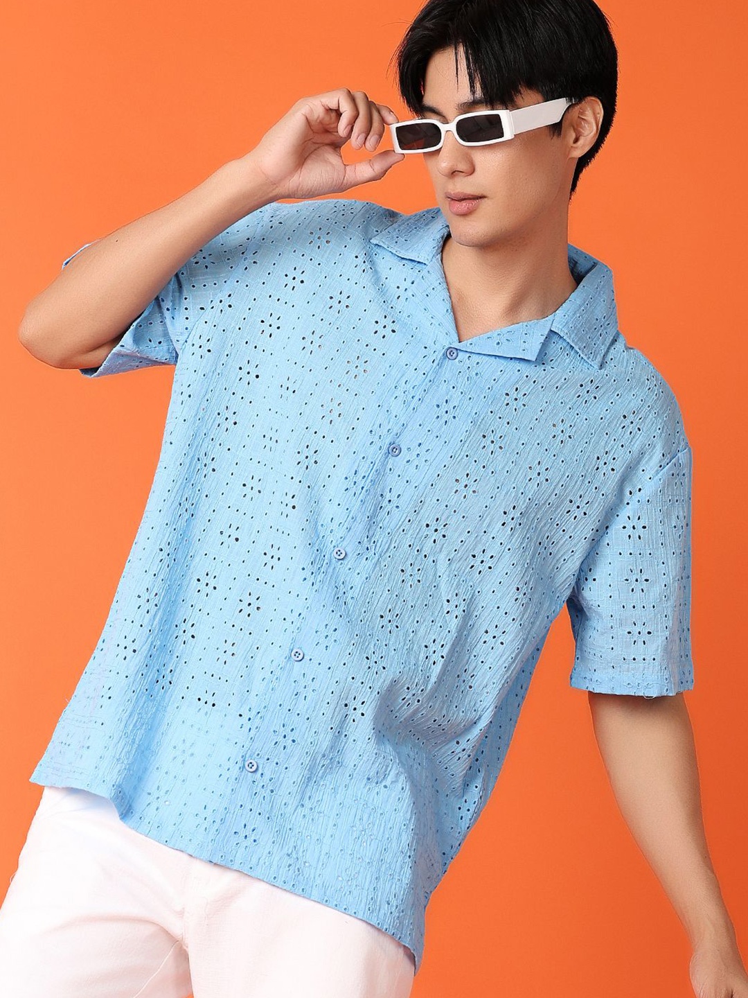 

V-Mart Men Cuban Collar Textured Cotton Casual Shirt, Blue