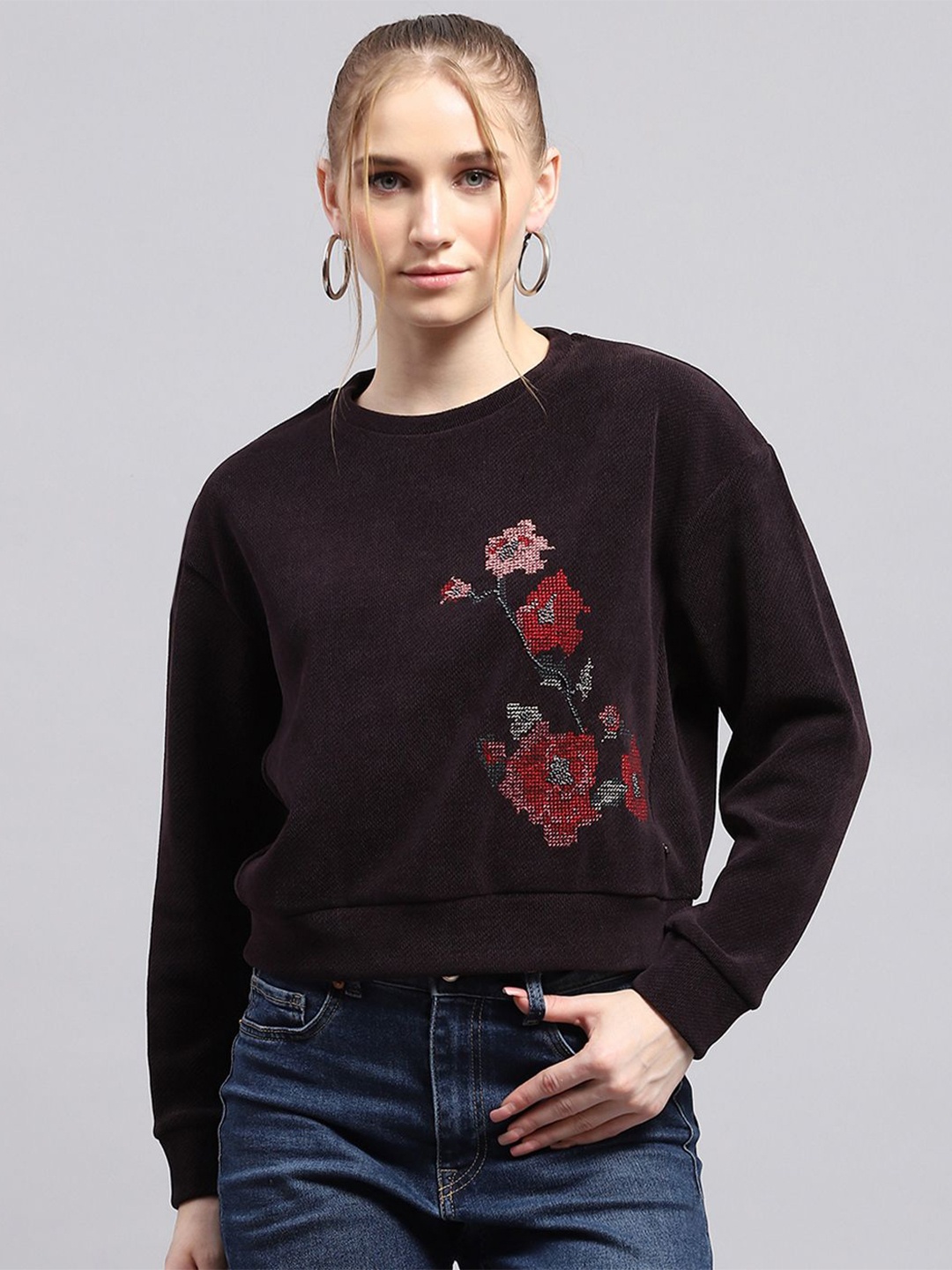 

Monte Carlo Women Floral Embroidered Round Neck Pullover, Maroon