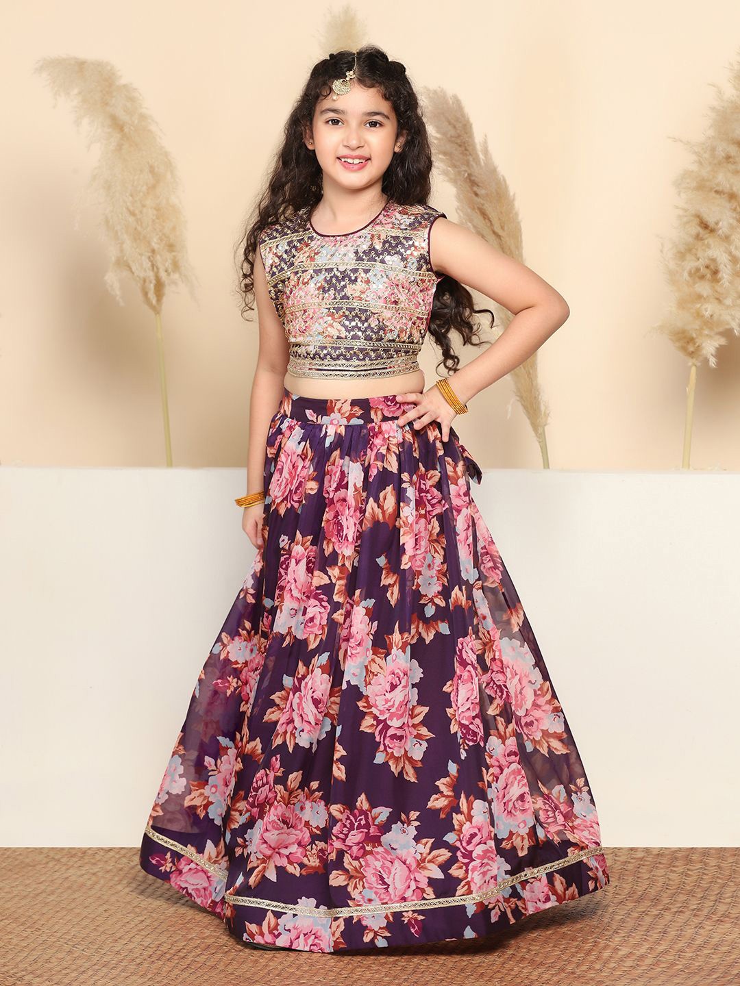 

BAESD Girls Floral Embroidered Organza Ready to Wear Lehenga & Blouse, Violet