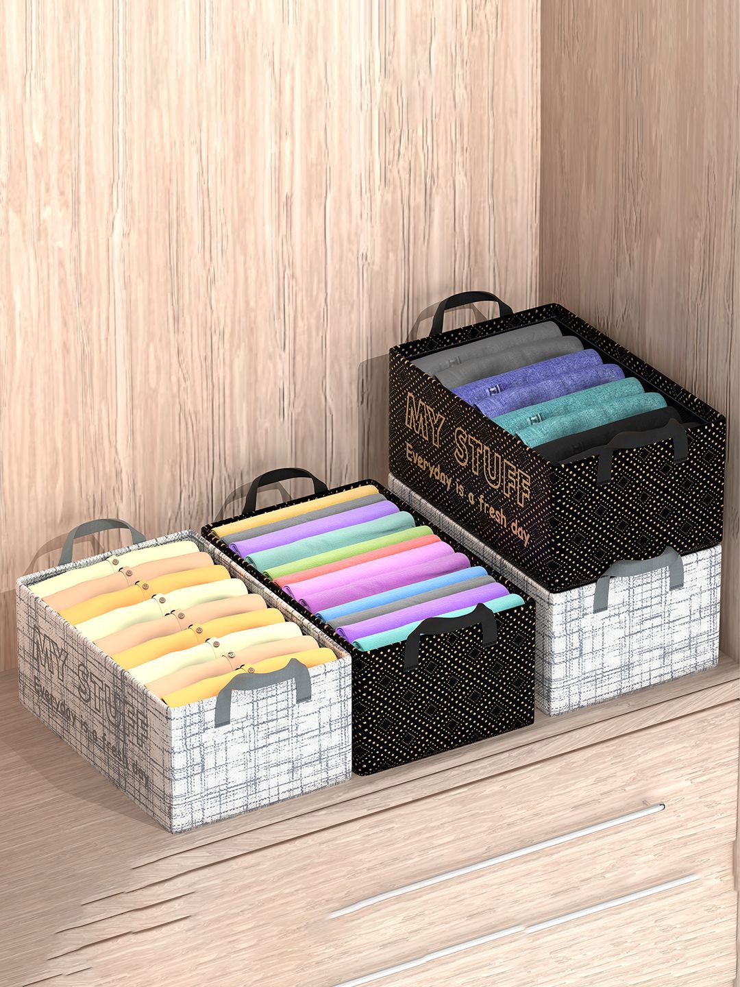 

Kuber Industries Grey & Black 4 Pieces Printed Drawer Organisers