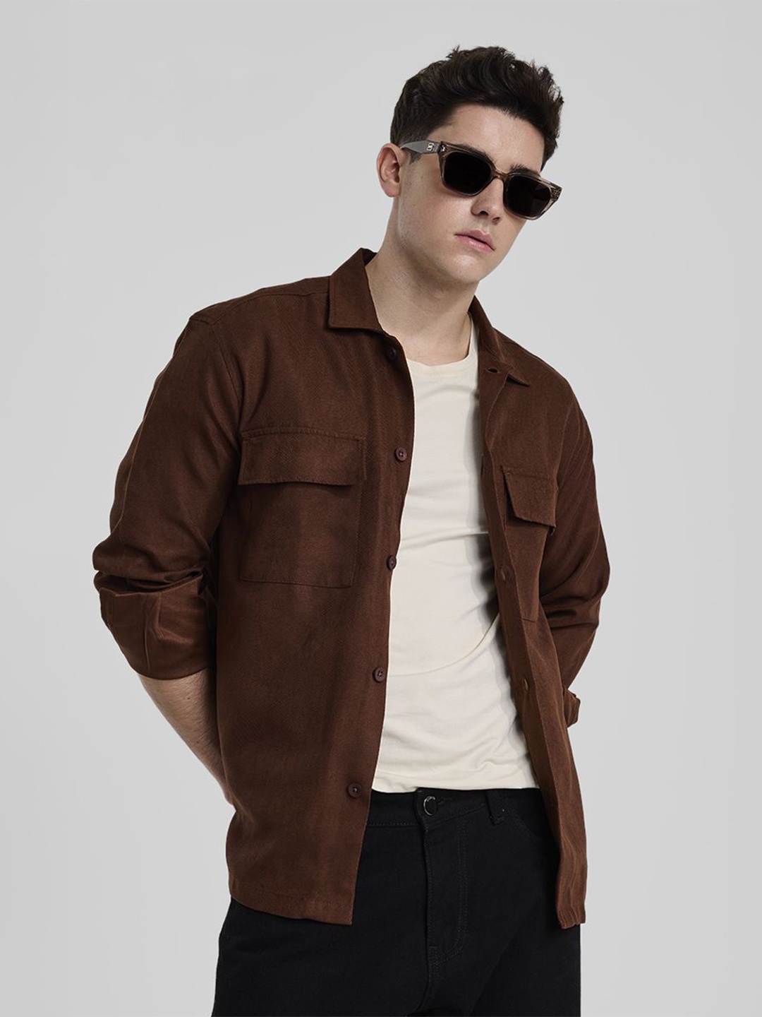 

Snitch Men Spread Collar Solid Cotton Casual Tailored Jacket, Brown