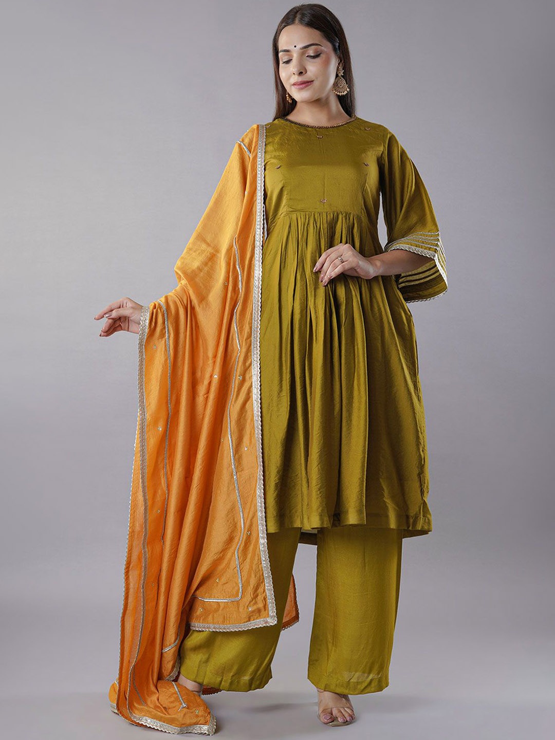 

Utsav Fashion Three-Quarter Sleeves Chanderi Cotton Kurta With Palazzo With Dupatta, Green