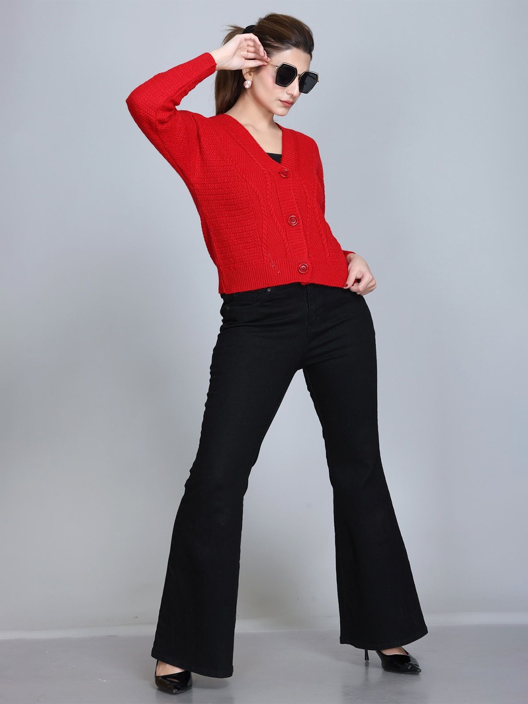

Winter Wonders Women Woollen Crop Cardigan, Red