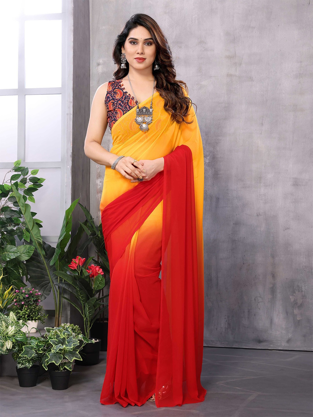 

Panzora Ombre Ready to Wear Saree With Unstitched Blouse Piece, Red