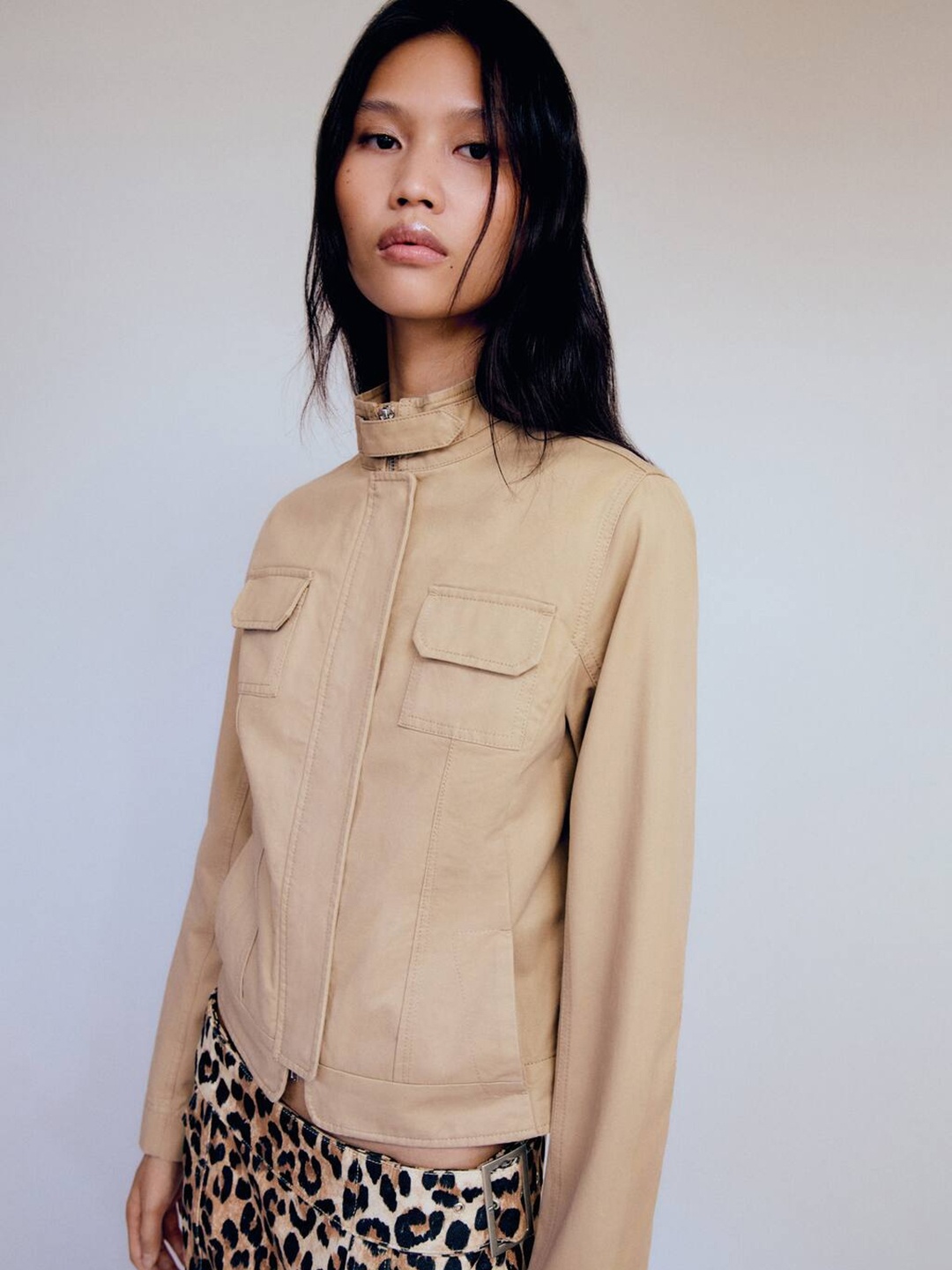 

MANGO Stand Collar Pure Cotton Tailored Jacket, Beige