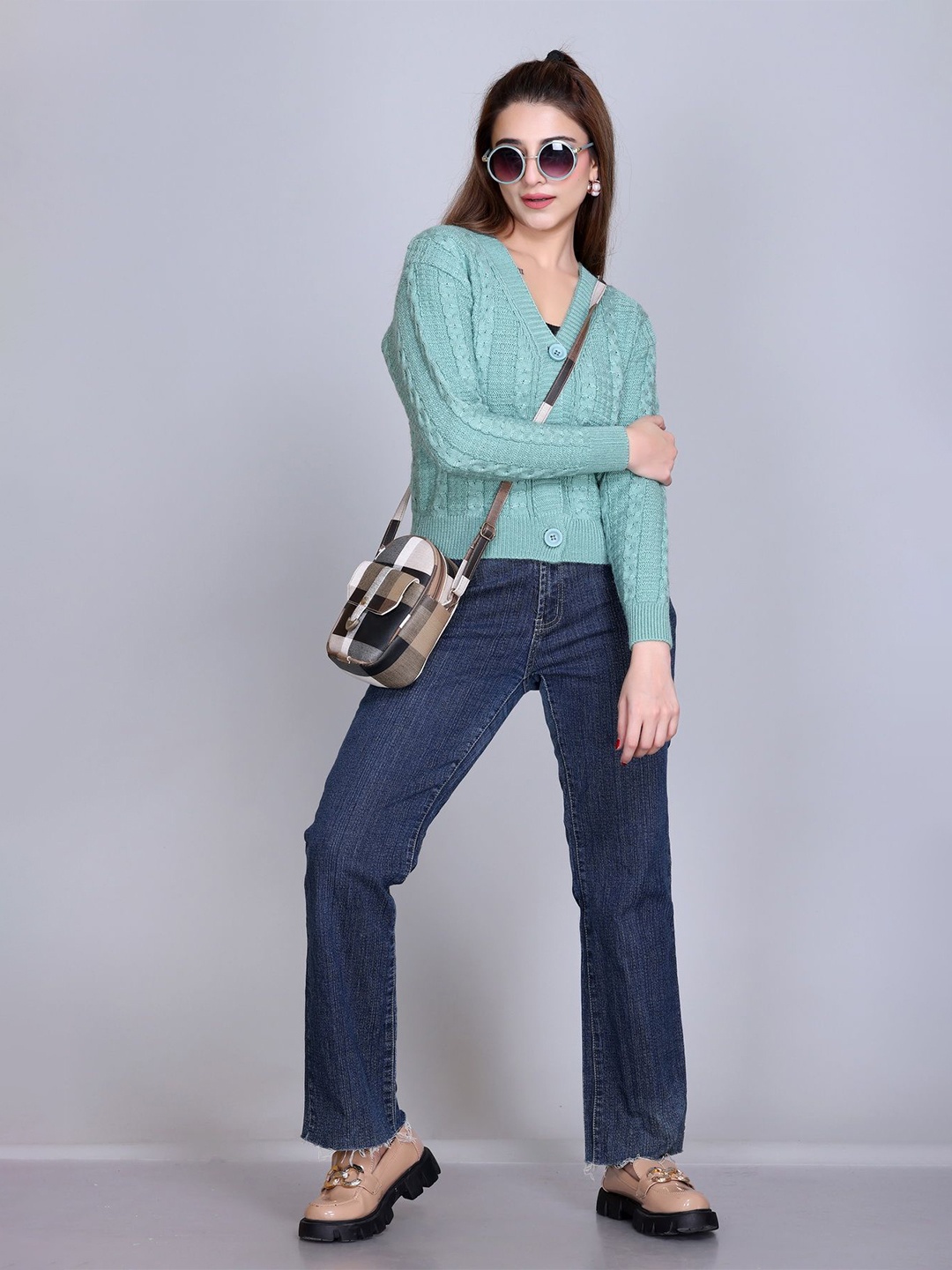 

Winter Wonders Women Woollen Long Sleeves Crop Cardigan, Sea green