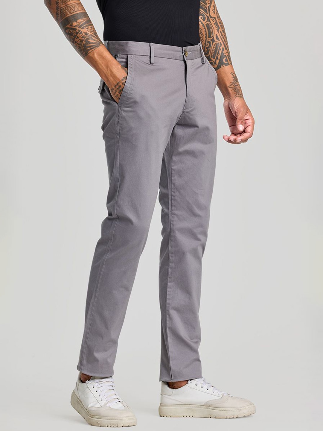 

Snitch Men Smart Slim Fit Chinos Trousers, Grey